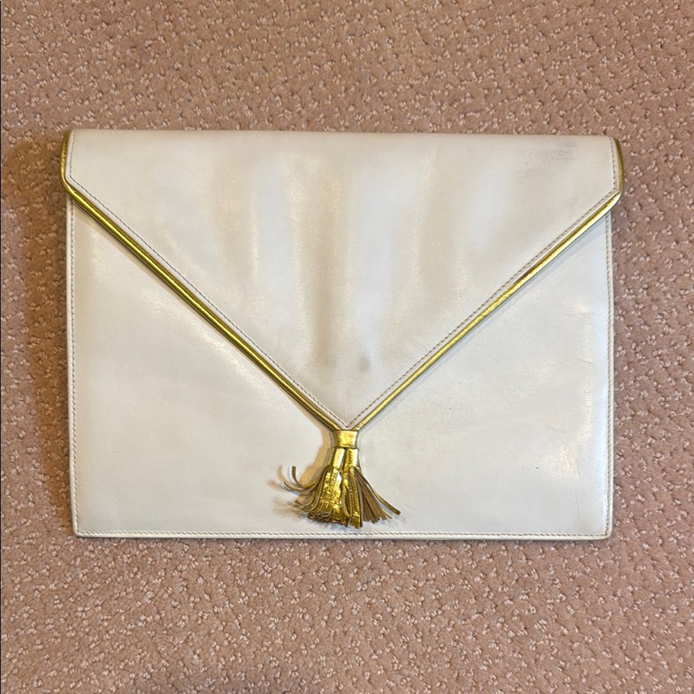 Salvatore Ferragamo White and Gold Clutch Elegant Design